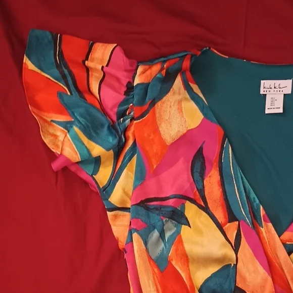 Nicole Miller NY Colorful Wrap Dress Belted Waist Classy Easter Spring Summer L - Picture 3 of 8